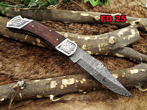 Damascus steel 9" long Folding Knife, Rose wood Scale with Engraved steel bolster, custom made 4" Hand Forged blade cow hide leather sheath