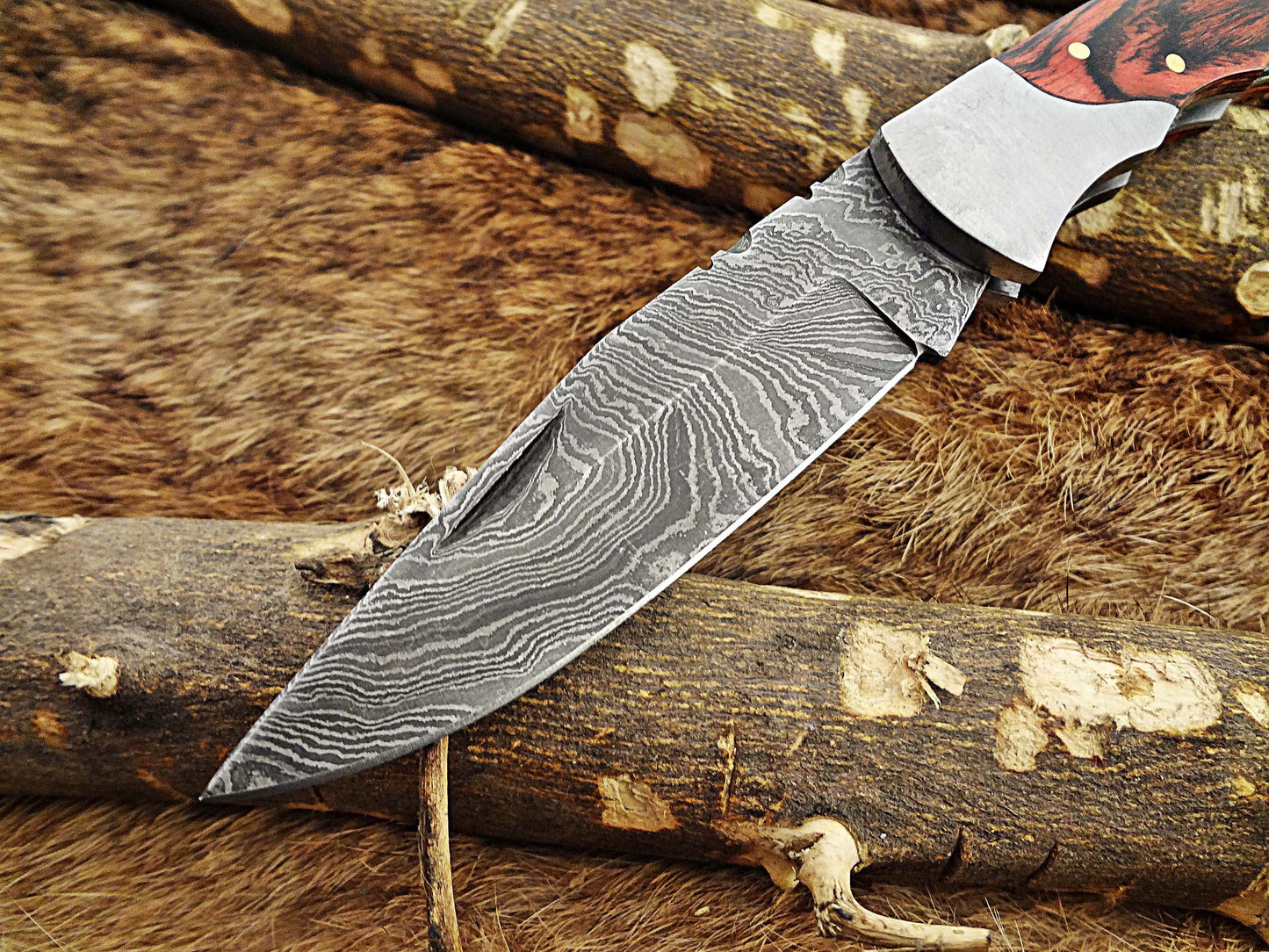 8" long Damascus steel Folding Knife, Walnut wood with Steel bolster scale, custom made 3.5" Hand Forged blade cow hide leather sheath