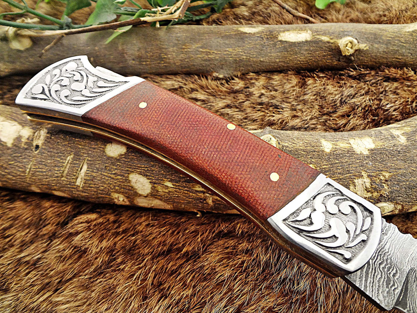Micarta wood Scale with Engraved steel bolster Damascus steel 9" long Folding Knife custom made 4" Hand Forged blade cow hide leather sheath