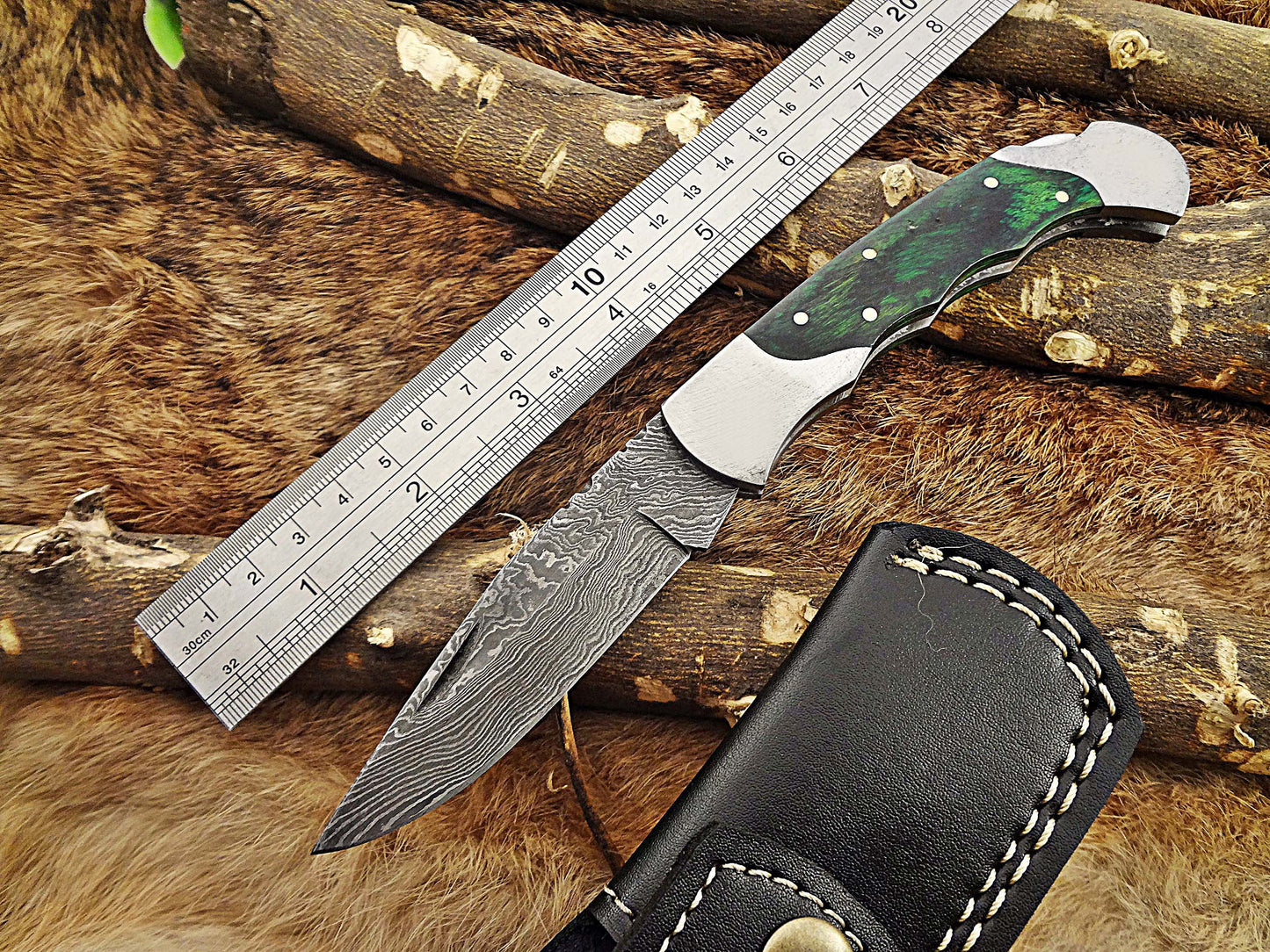 8" long Damascus steel Folding Knife, 2 Tone Green wood with Steel bolster scale, custom made 3.5" Hand Forged blade cow leather sheath