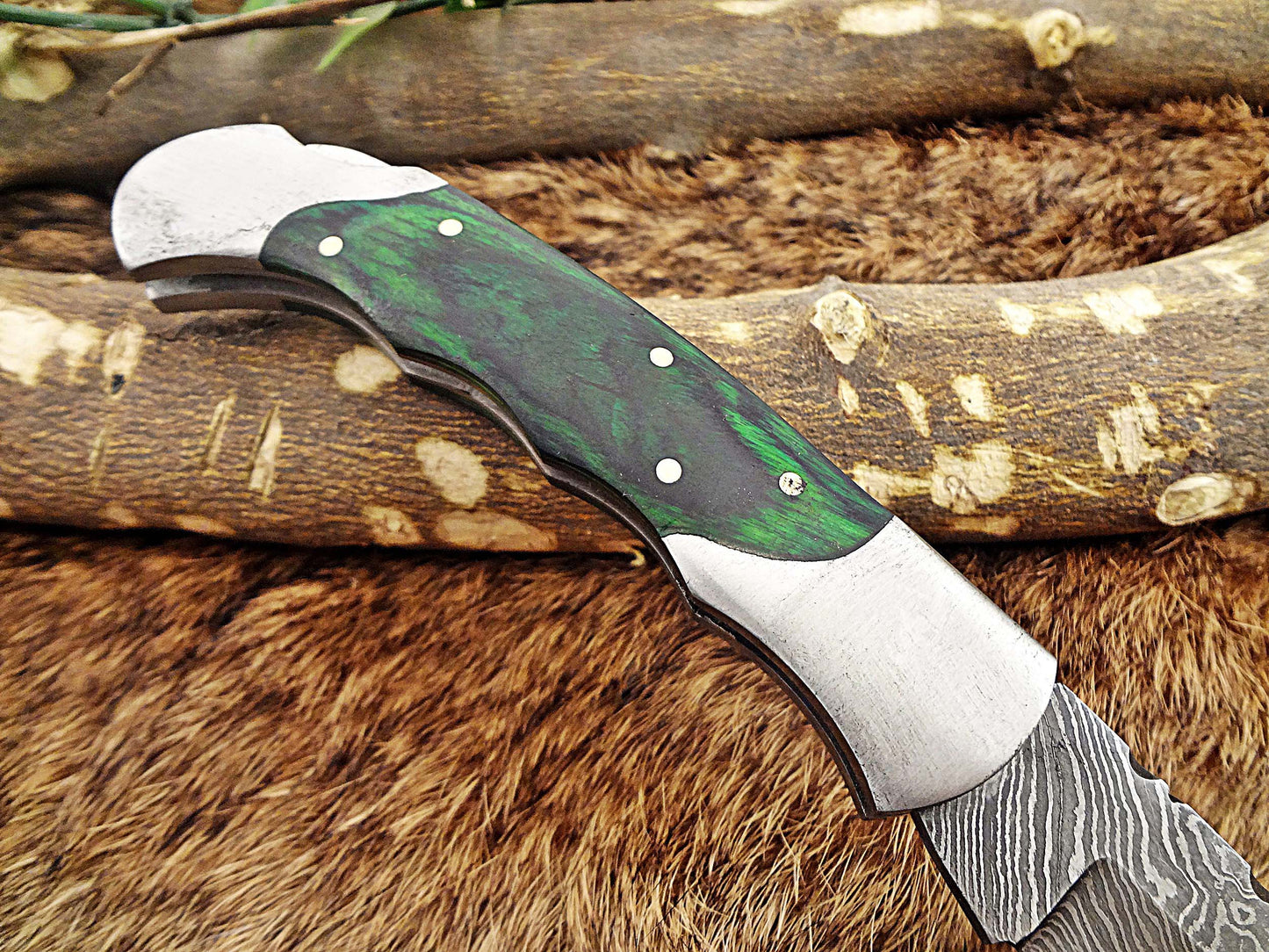 8" long Damascus steel Folding Knife, 2 Tone Green wood with Steel bolster scale, custom made 3.5" Hand Forged blade cow leather sheath