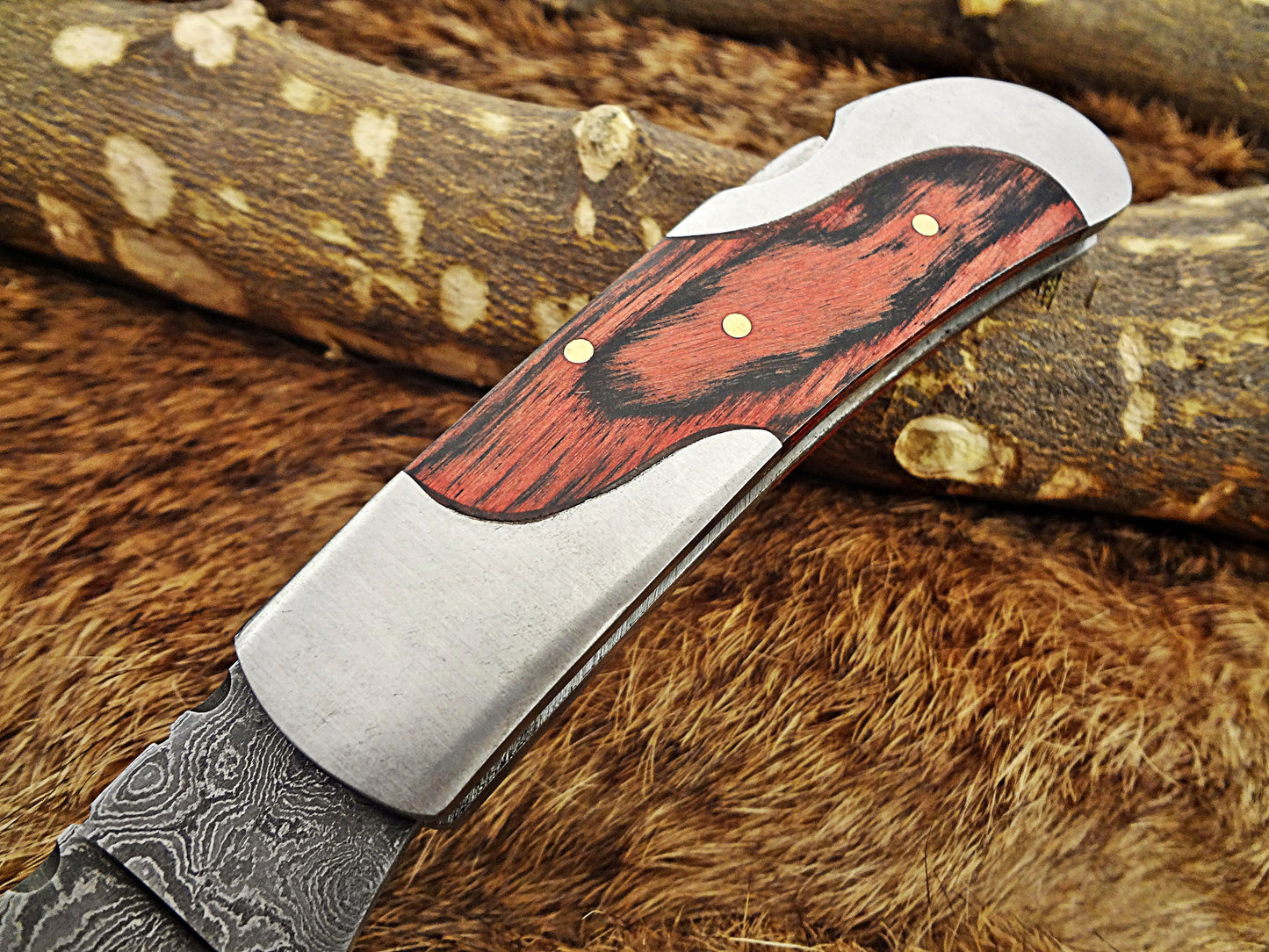 6.5 " Damascus steel Folding pocket Knife, 4 scales options, cow leather sheath included