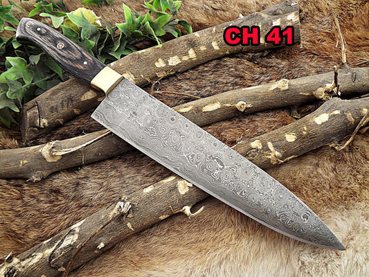 Damascus Steel kitchen Knife 14 Inches full tang 9" long Hand Forged blade, 2 Tone Dollar wood and brass bolster scale
