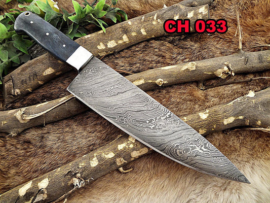 Damascus Steel kitchen Knife 14 Inches full tang 9" long Hand Forged blade, Blue Colored camel bone and brass bolster scale