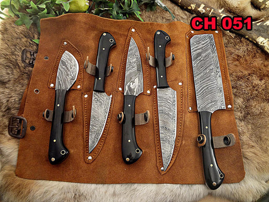 5 Pieces Damascus steel kitchen knife set includes (10.6+9.6+9.0+8.0+7.6)Inches knives in Black Bull horn scale, includes Leather sheath
