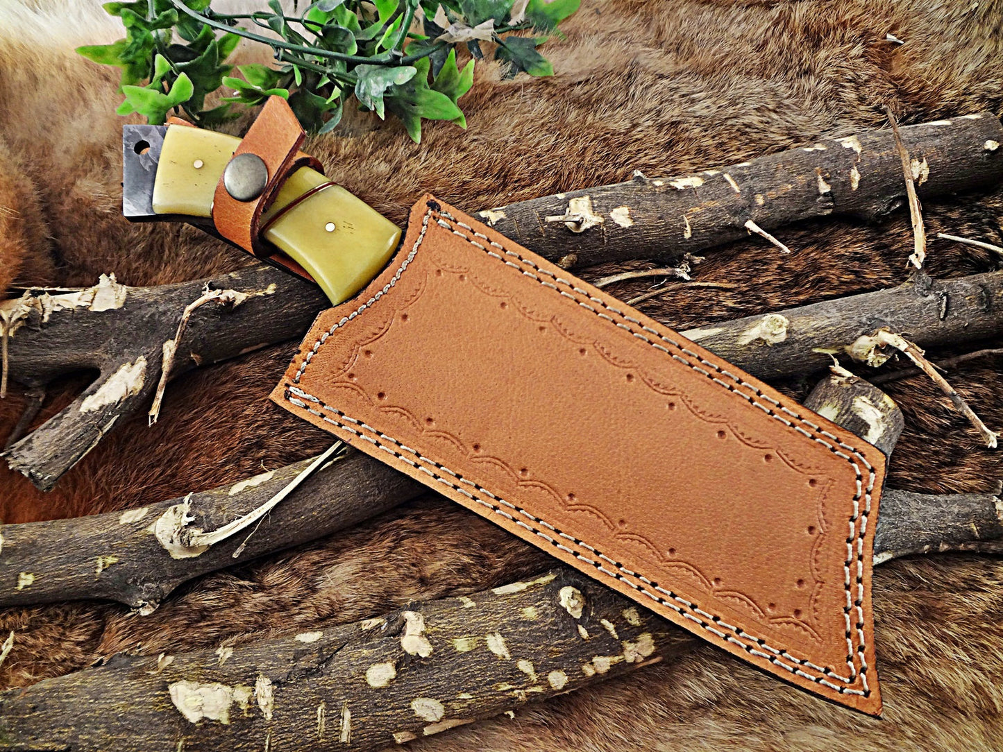 11" Long hand forged Damascus steel cleaver knife full tang chopper Knife, Butcher knife Natural Camel Bone Scale, Cow Leather sheath
