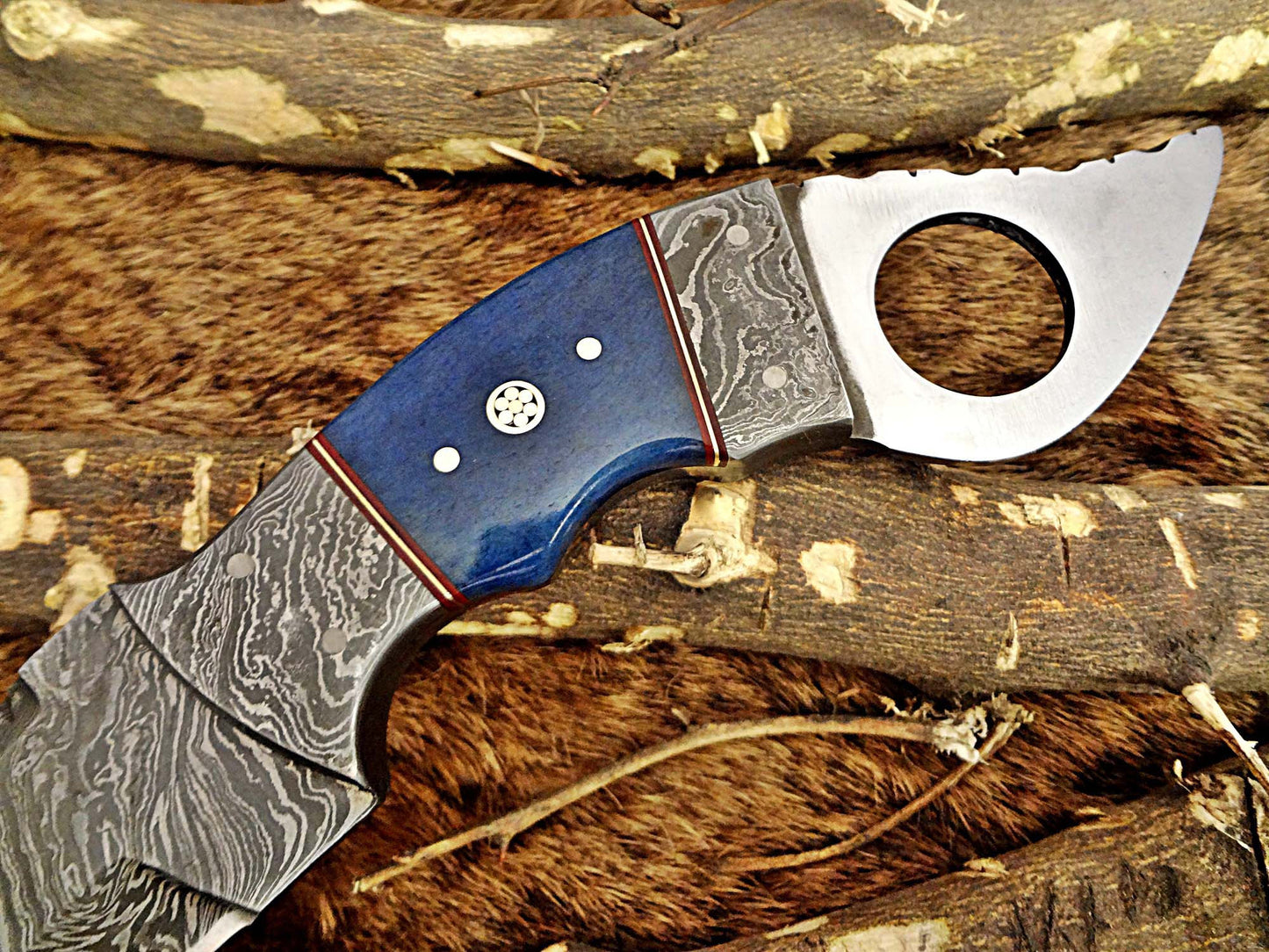 11" Long hand forged Damascus steel Karambit Knife, Colored Camel Bone with Damascus Bolster & Pommel finger hole, Leather sheath