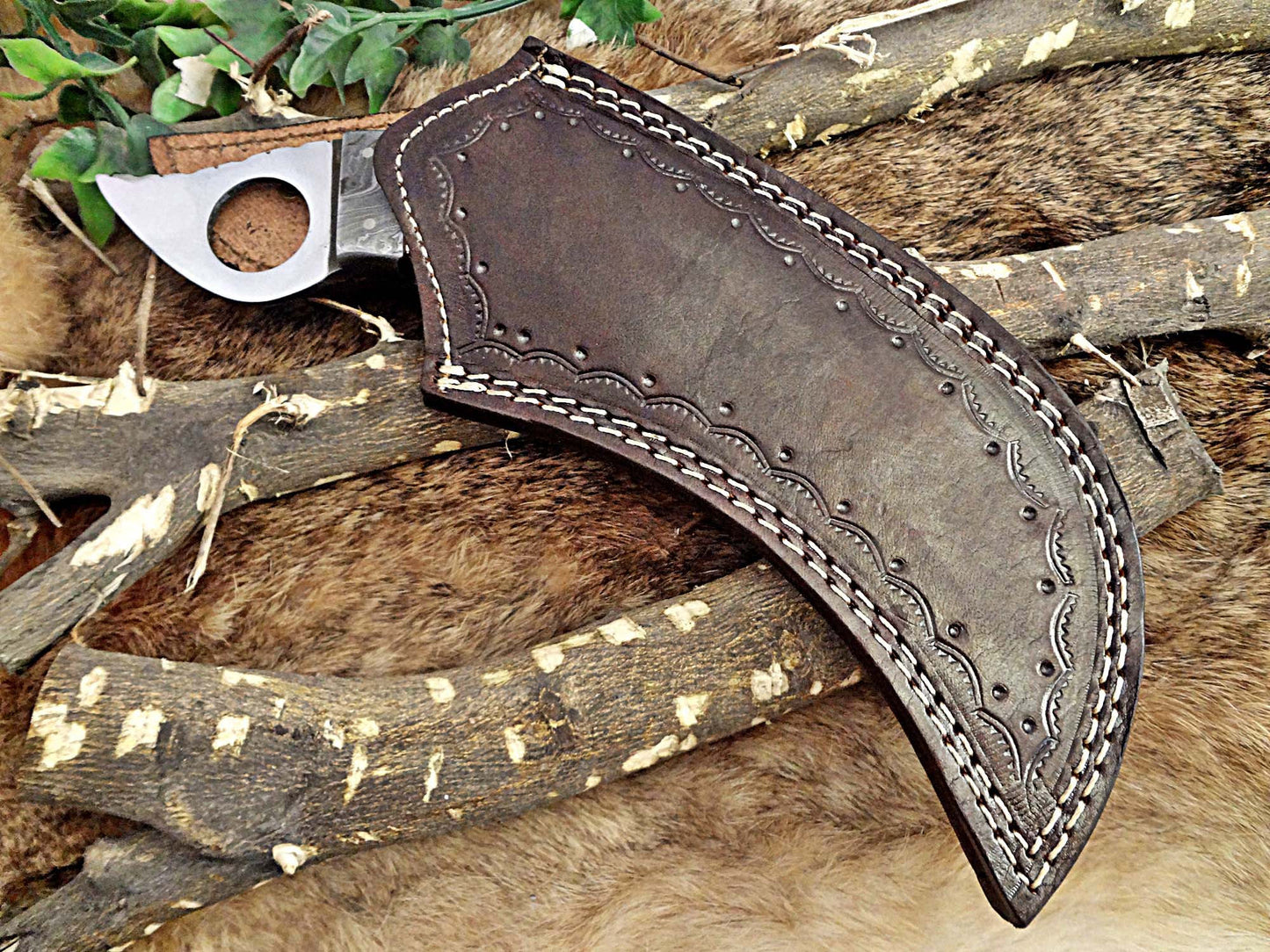 11" Long hand forged Damascus steel Karambit Knife, Colored Camel Bone with Damascus Bolster & Pommel finger hole, Leather sheath
