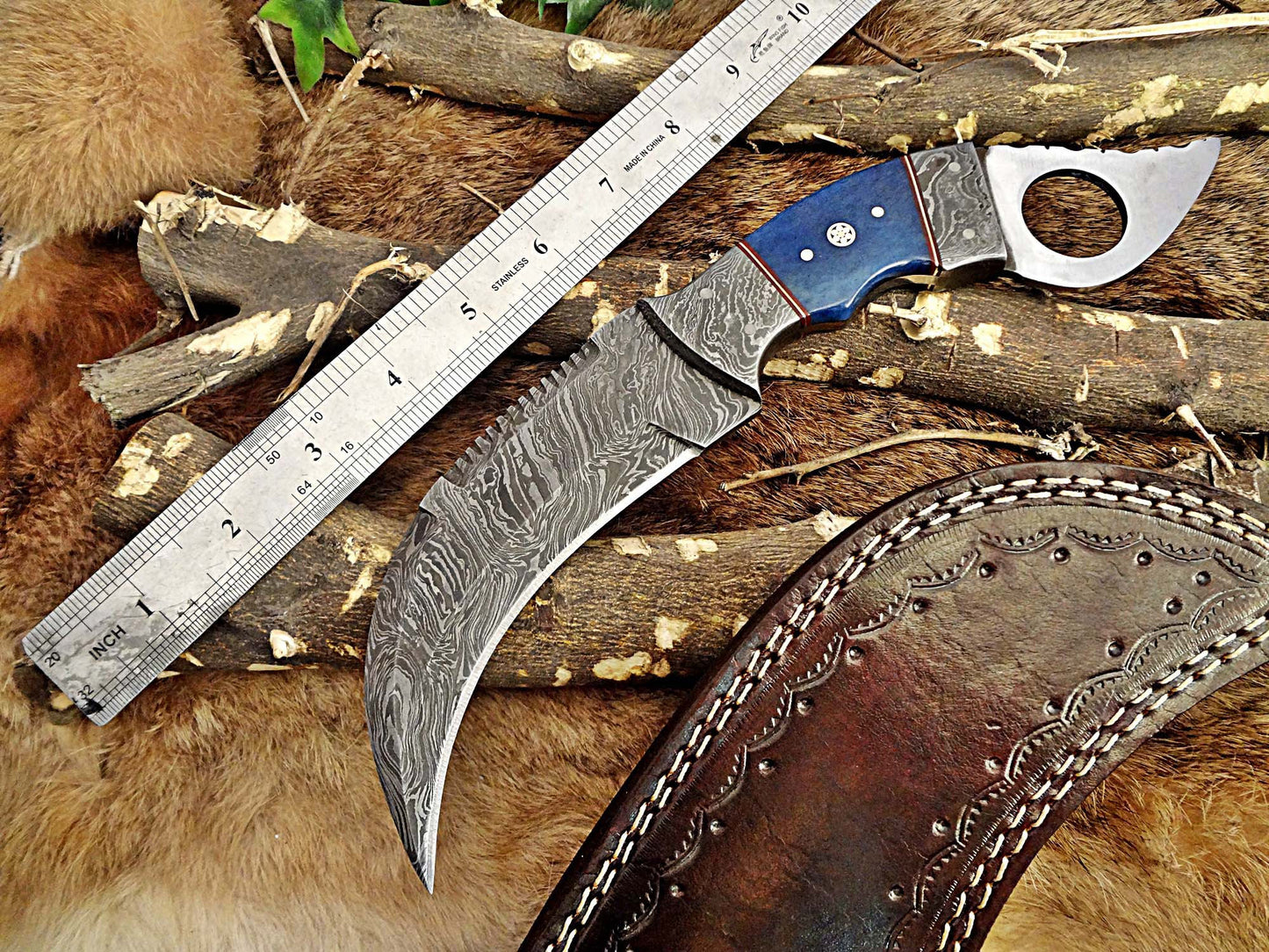 11" Long hand forged Damascus steel Karambit Knife, Colored Camel Bone with Damascus Bolster & Pommel finger hole, Leather sheath
