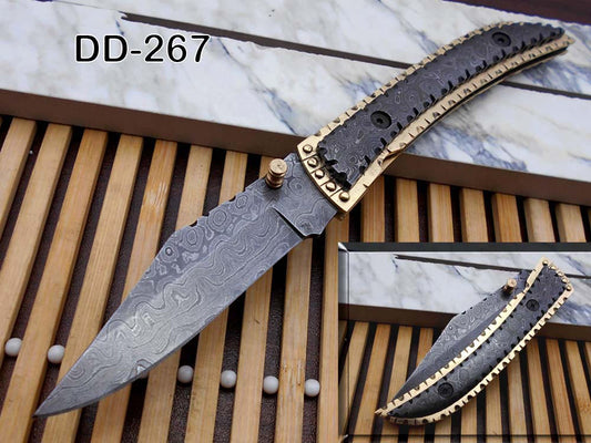 8 Inches long Folding Knife custom made Damascus steel and engraved brass scale 3.7" Hand Forged blade blue exotic leather sheath With loop