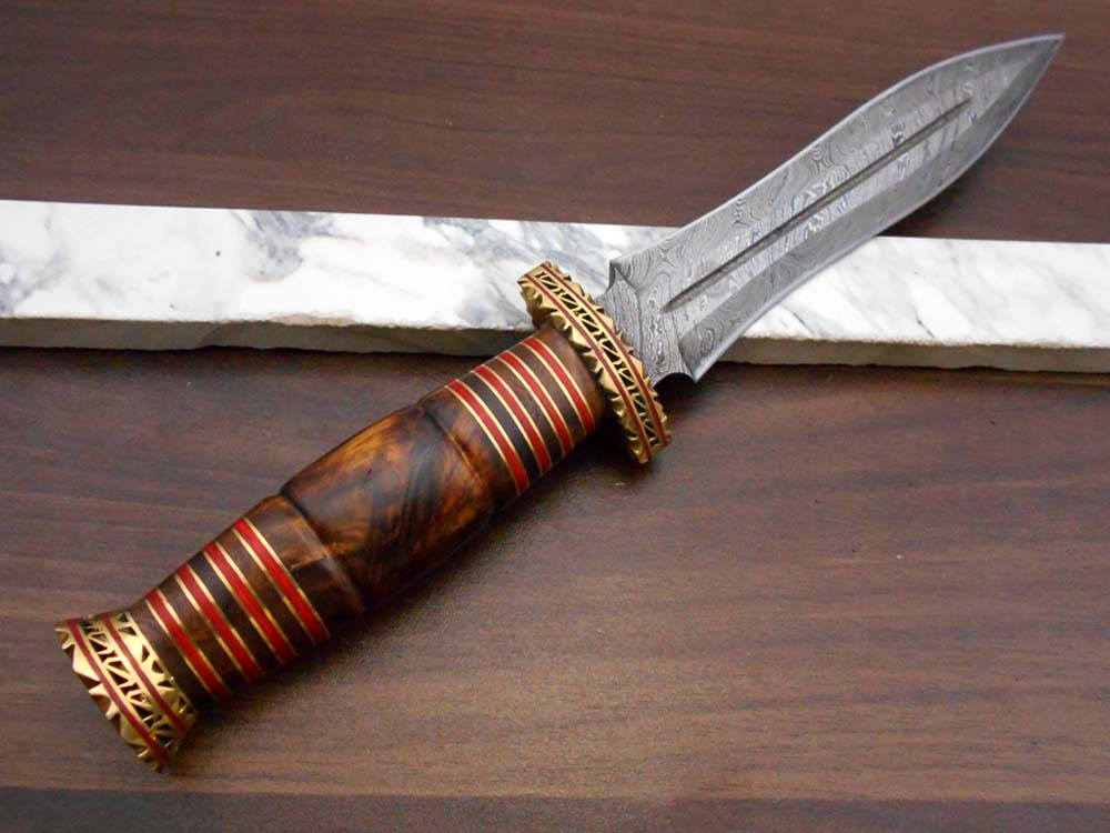 13" Long Damascus Dagger hand forged Knife 7" dual cutting edge exotic Rose wood scale crafted with engraved brass & fiber spacing, sheath