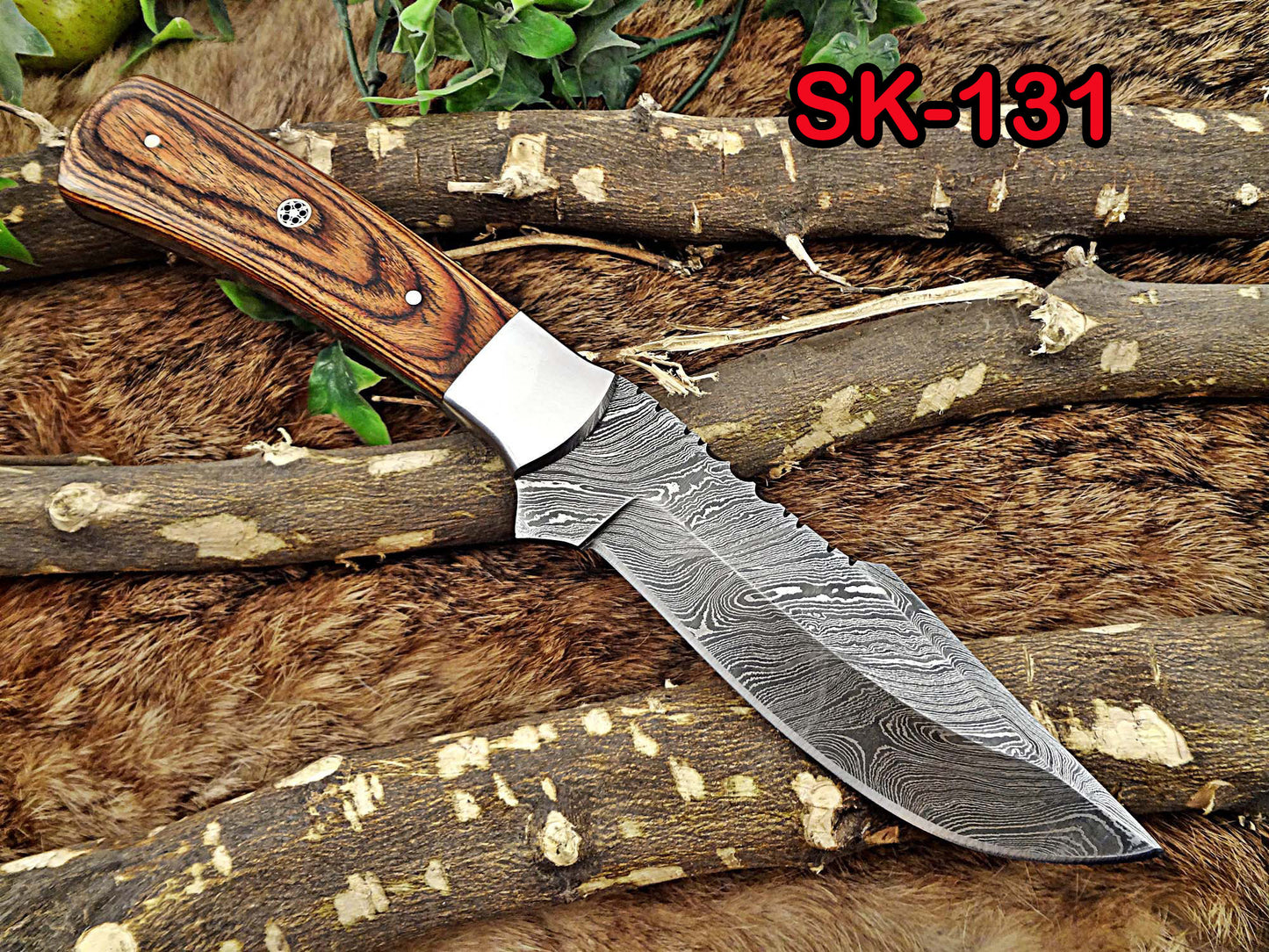 11" Long hand forged Damascus steel full tang blade skinning Knife, 2 tone brown Dollar wood with Brass bolster scale, Cow Leather sheath