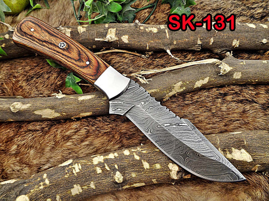 11" Long hand forged Damascus steel full tang blade skinning Knife, 2 tone brown Dollar wood with Brass bolster scale, Cow Leather sheath