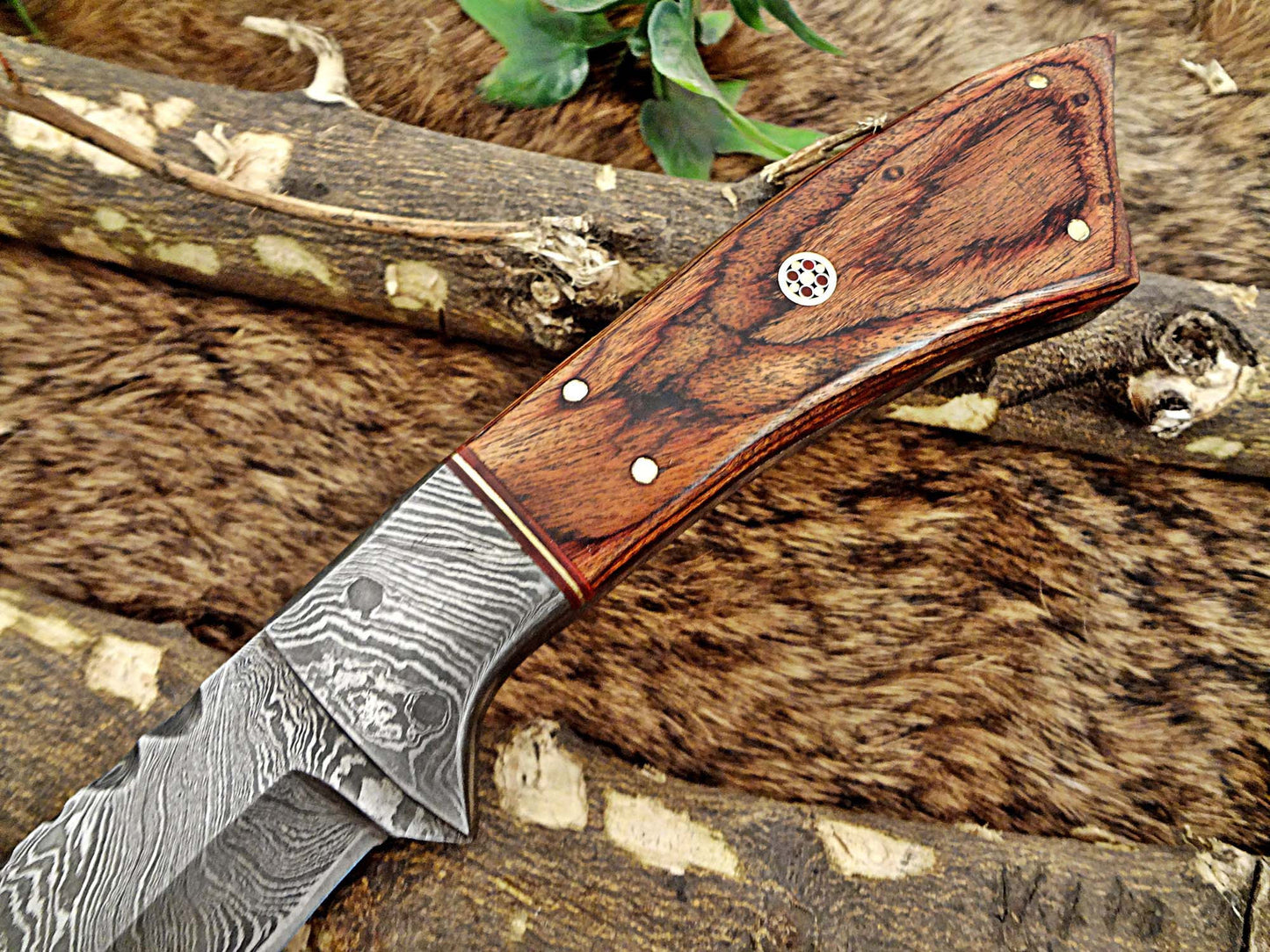 11" Long Damascus steel full tang trailing point blade skinning Knife with Leather sheath, Available in 3 scales with bolster