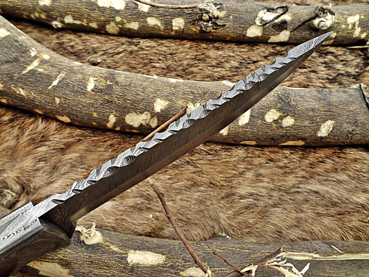 11" Long Damascus steel full tang trailing point blade skinning Knife with Leather sheath, Available in 3 scales with bolster