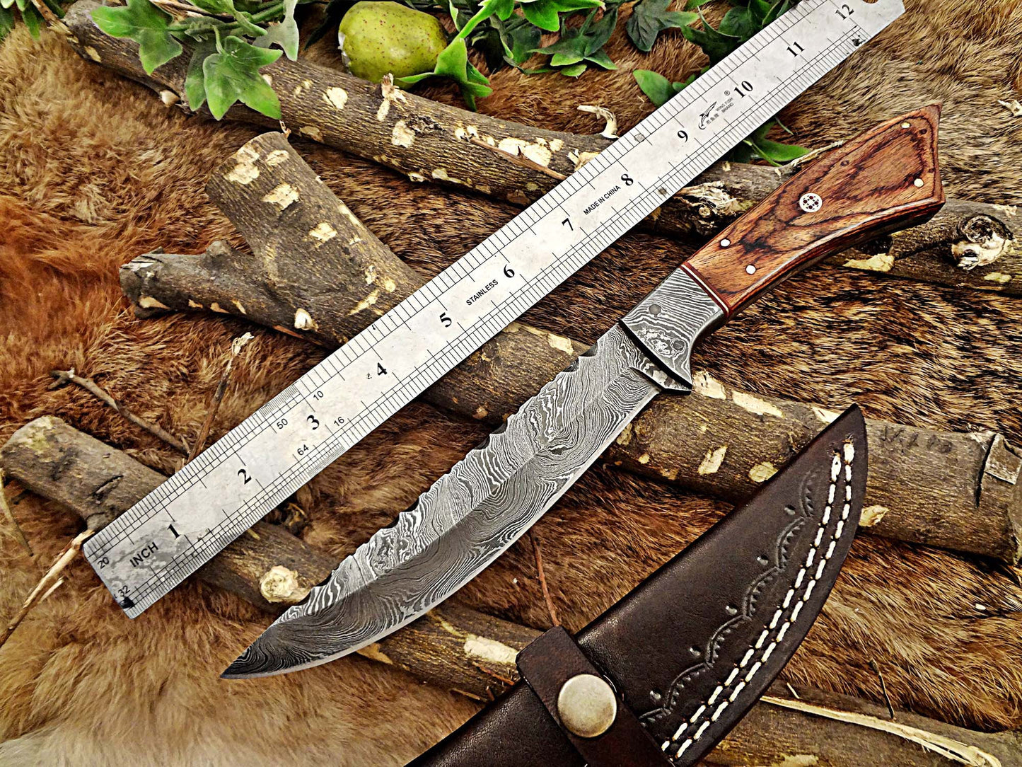 11" Long Damascus steel full tang trailing point blade skinning Knife with Leather sheath, Available in 3 scales with bolster