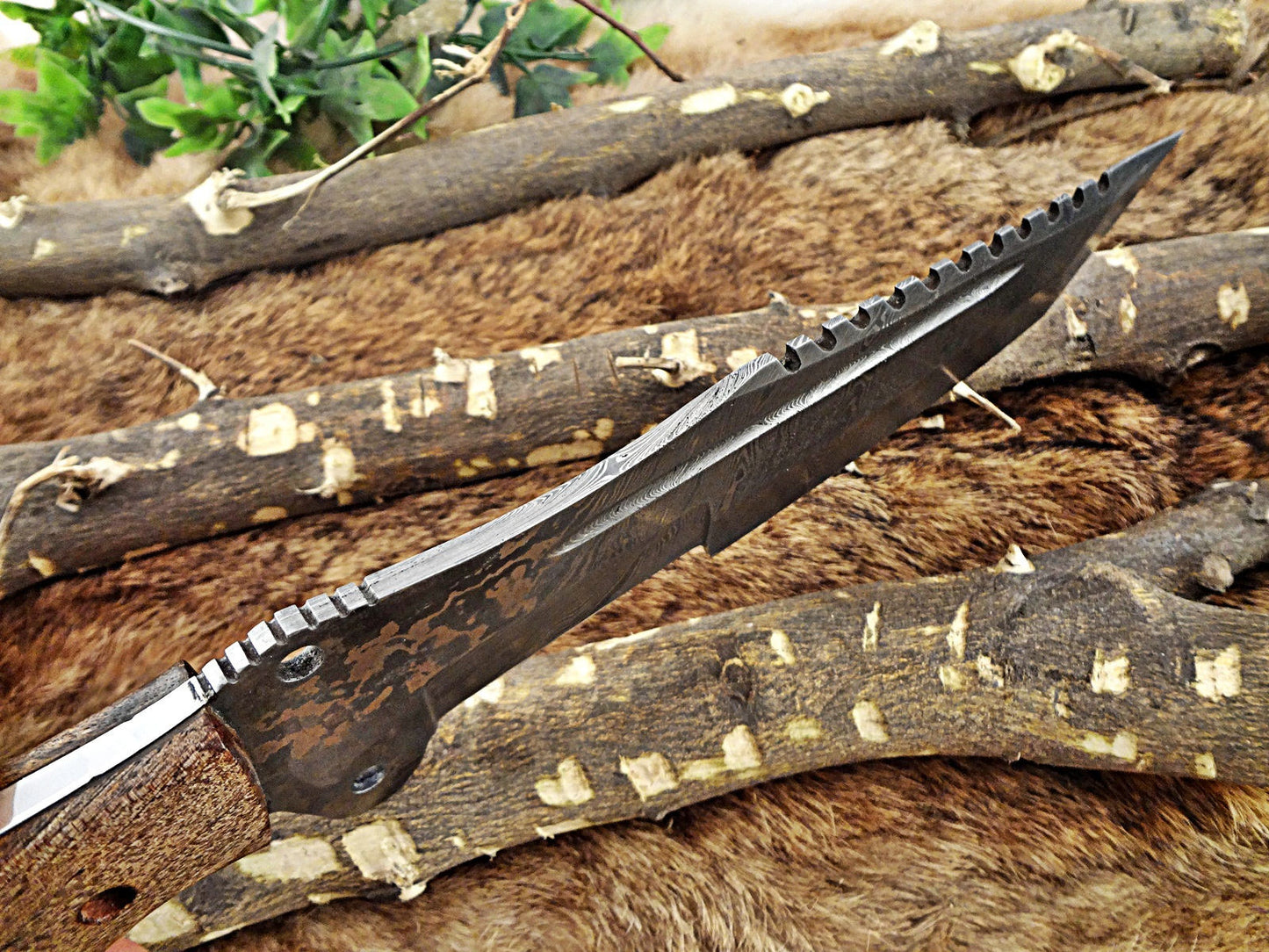 14" Long hand forged Damascus steel tracker knife full tang Tanto blade, Natural rose wood scale with hole, cow hide leather sheath