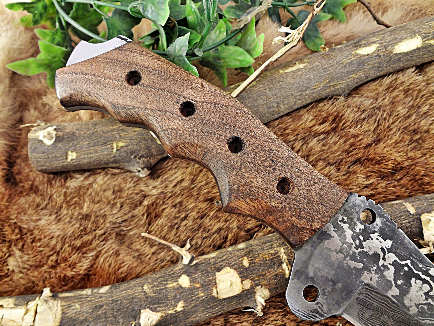 14" Long hand forged Damascus steel tracker knife full tang Tanto blade, Natural rose wood scale with hole, cow hide leather sheath