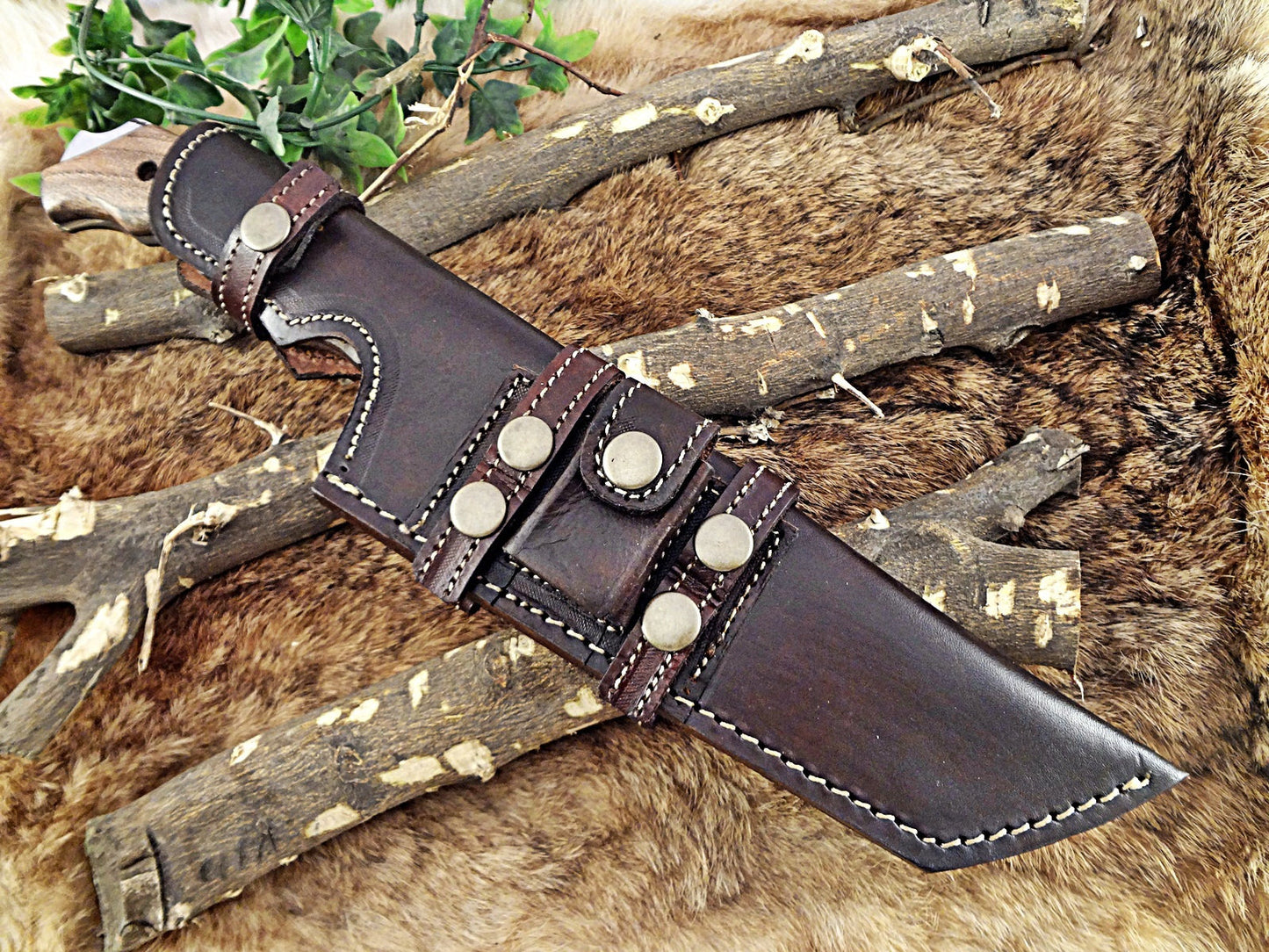 14" Long hand forged Damascus steel tracker knife full tang Tanto blade, 2Tone dollar wood scale Bakery knife, Cow hide leather sheath