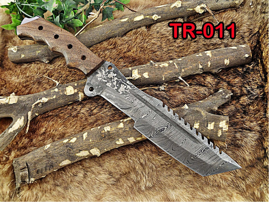 14" Long hand forged Damascus steel tracker knife full tang Tanto blade, Natural rose wood scale with hole, cow hide leather sheath