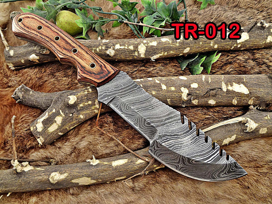 13" Long hand forged twist pattern full tang Damascus steel tracker knife, 2 tone brown dollar wood with holes scale, Cow leather sheath