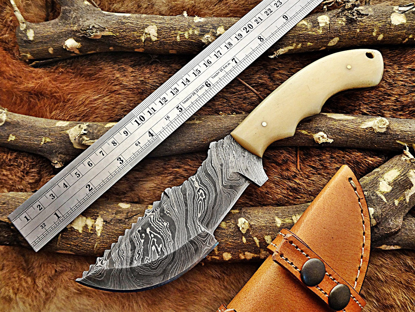 10"Long tracker knife hand forged twist pattern full tang Damascus steel, Natural Camel bone hole scale, Cow hide leather sheath