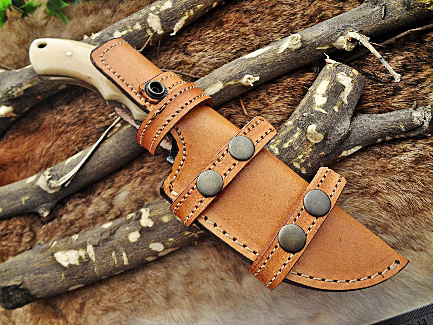 10"Long tracker knife hand forged twist pattern full tang Damascus steel, Natural Camel bone hole scale, Cow hide leather sheath