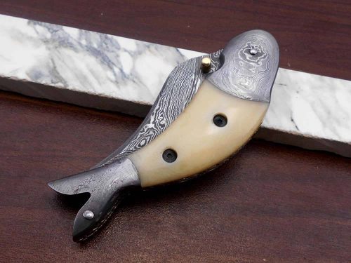 Fish shape 8" folding pocket knife available in 3 natural scales, Cow leather sheath included