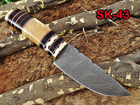 9" Long hand forged Damascus steel Knife, Camel bone & Bull horn round scale with engraved Brass and fiber spacing, cow hide Leather sheath