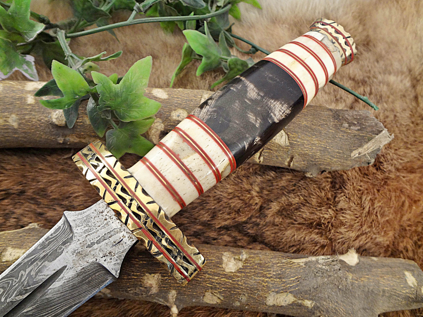 14.5" Long Damascus steel Dagger knife hand forged 8" dual edge,exotic scale crafted with engraved brass finger guard camel bone, Sheath