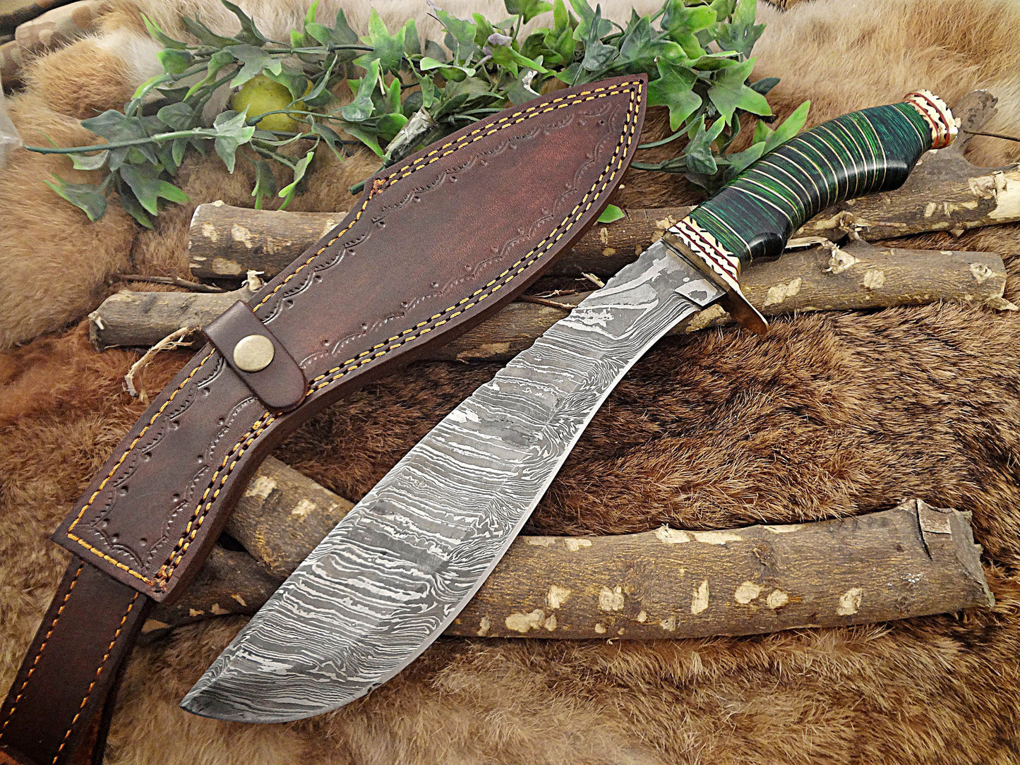 Damascus Steel Kukri Knife 14.5 Inches custom made Hand Forged With 10" blade, 2 Tone Green wood with engraved brass scale, Leather Sheath