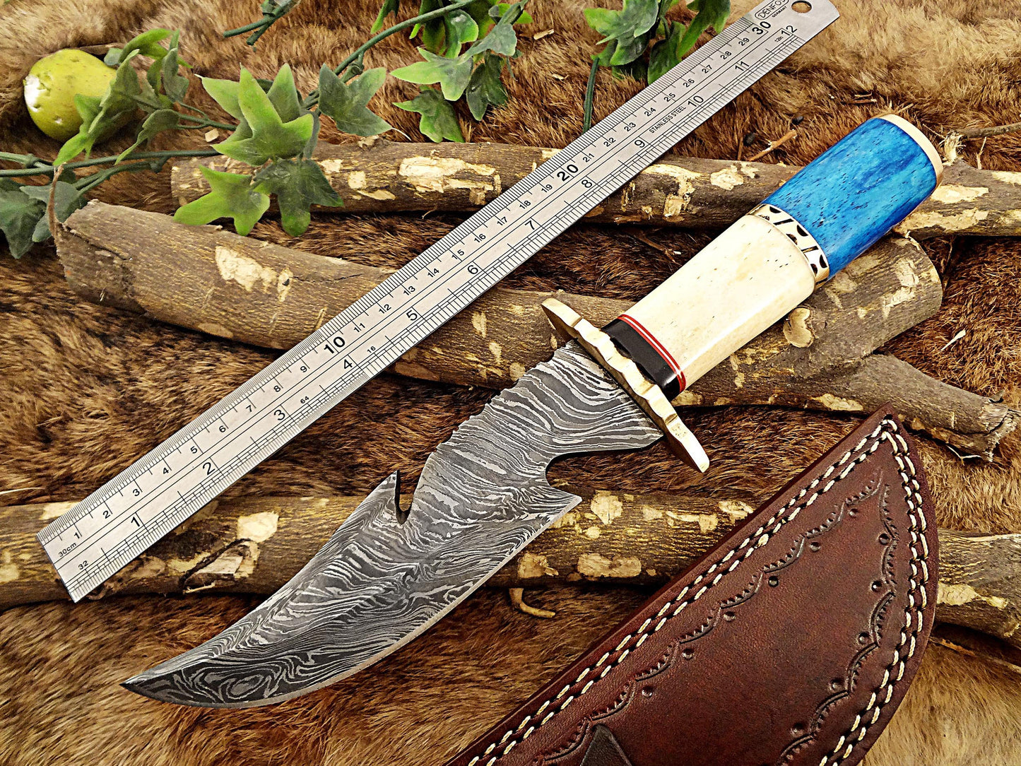 Damascus steel 11.5" Long hunting Knife hand forged fire pattern, Colored camel bone with engraved brass scale, Cow hide leather sheath