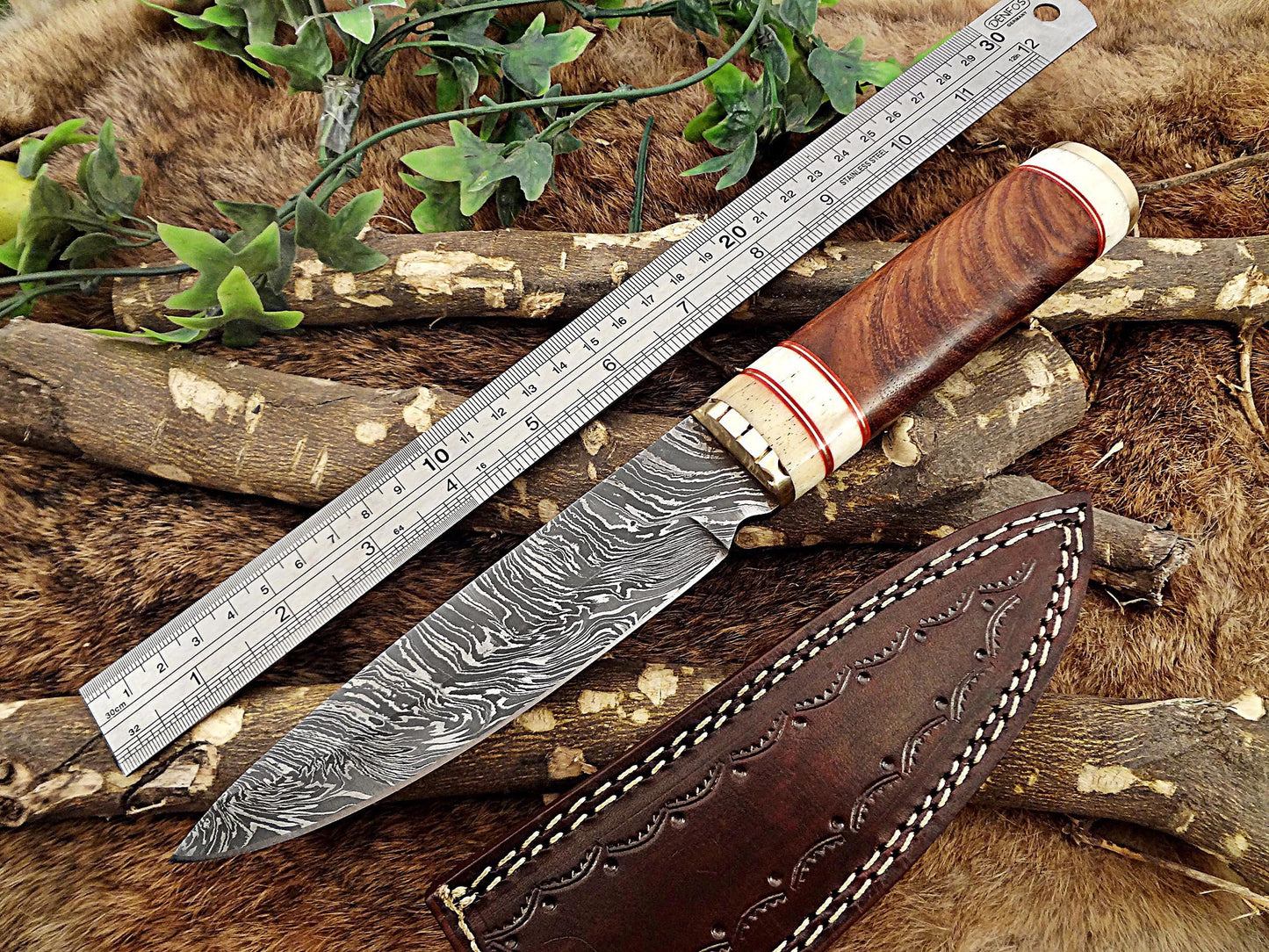 11" Long Damascus steel hunting Knife hand forged Twist pattern, Natural wood with camel bone & brass scale, thick Cow hide leather sheath