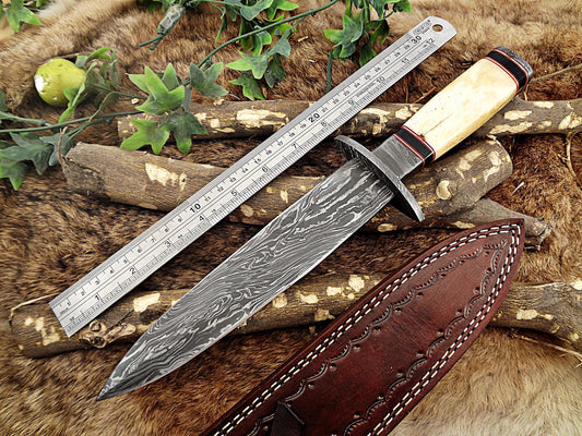13 Inches long Damascus steel custom made hunting dagger Knife camel bone, Bull horn & bolster scale Hand Forged cow hide leather sheath