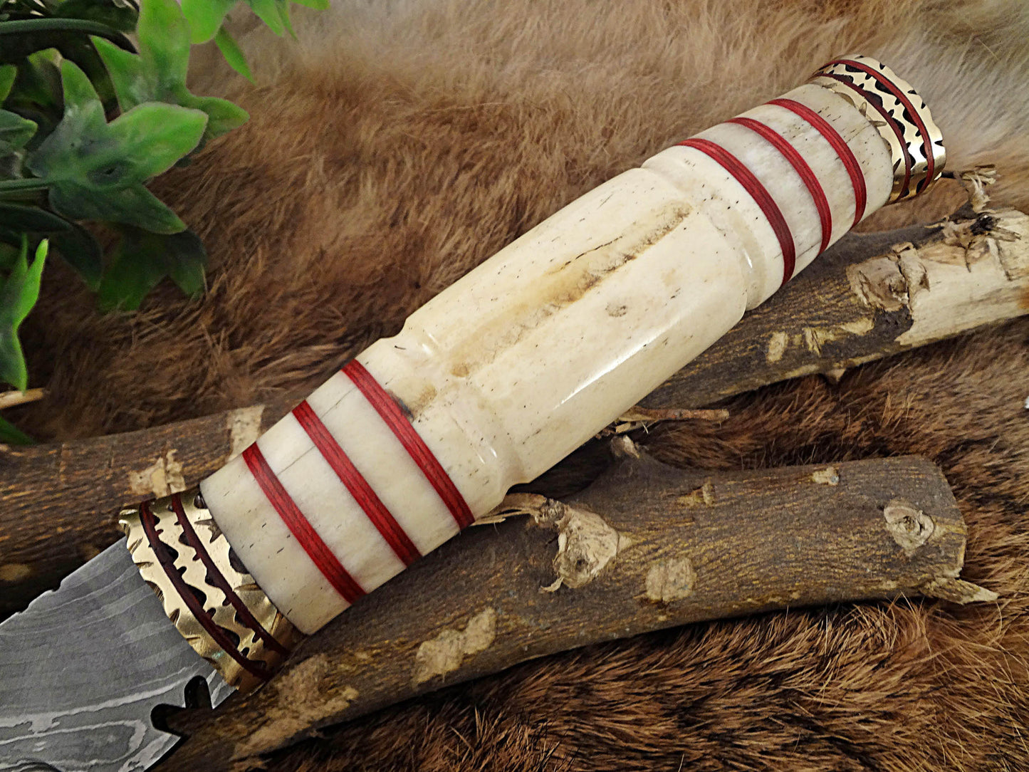 15" custom made Hand Forged Damascus Steel Kukri Knife With 10" blade, camel bone with engraved brass finger guard scale, Leather Sheath