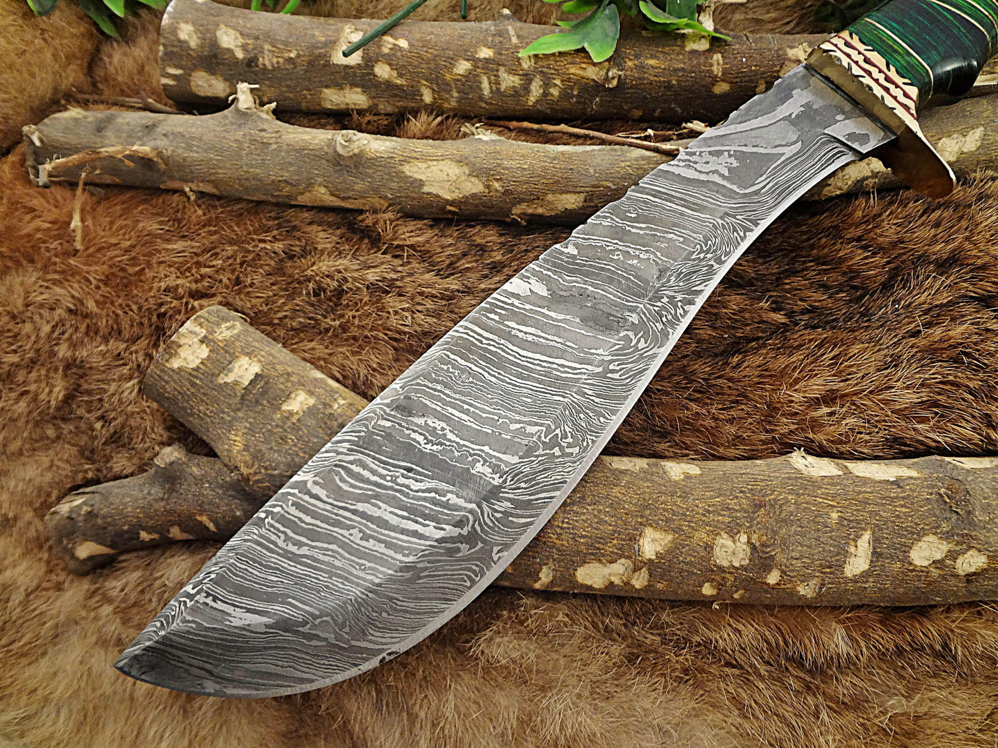 Damascus Steel Kukri Knife 14.5 Inches custom made Hand Forged With 10" blade, 2 Tone Green wood with engraved brass scale, Leather Sheath