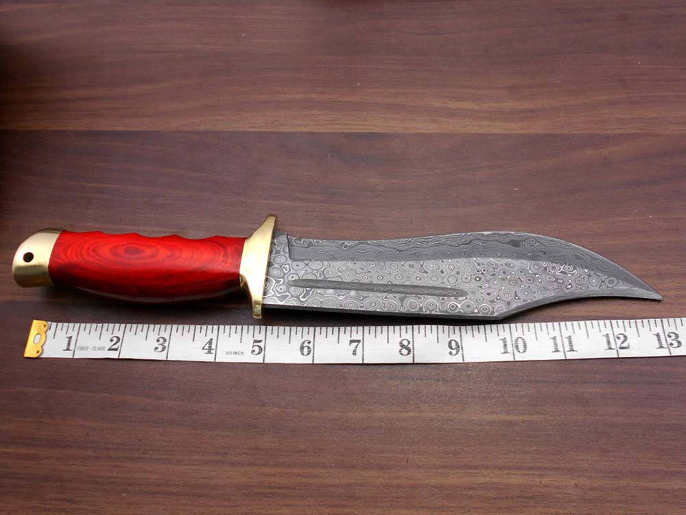 13.5 Inches long Damascus steel custom made hunting Knife, 2 tone Red wood scale with brass finger guard and cap cow hide leather sheath