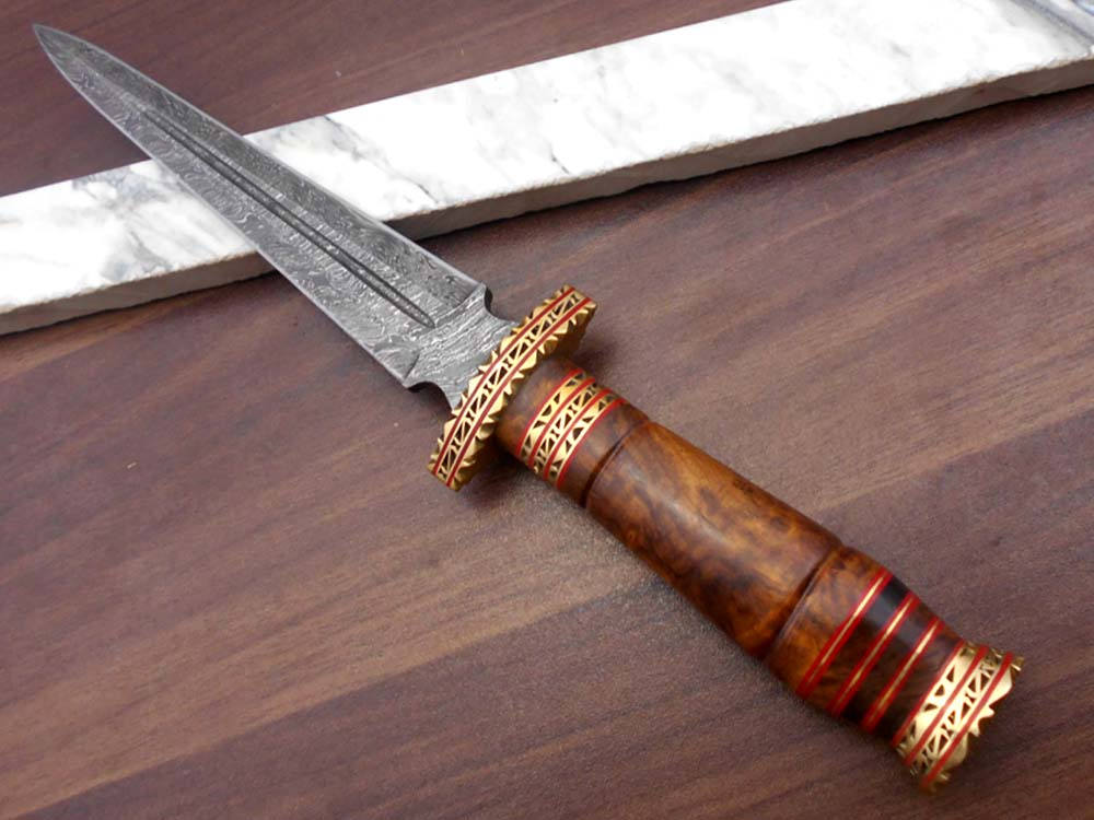 12.2" Long Damascus Dagger hand forged Knife 6.2" dual edge exotic Rose wood scale crafted with engraved brass work and fiber spacing