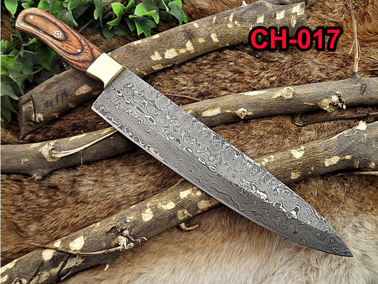 Damascus Steel kitchen Knife 13 Inches full tang 8.5" long Hand Forged blade, 2 Tone Dollar wood and brass bolster scale