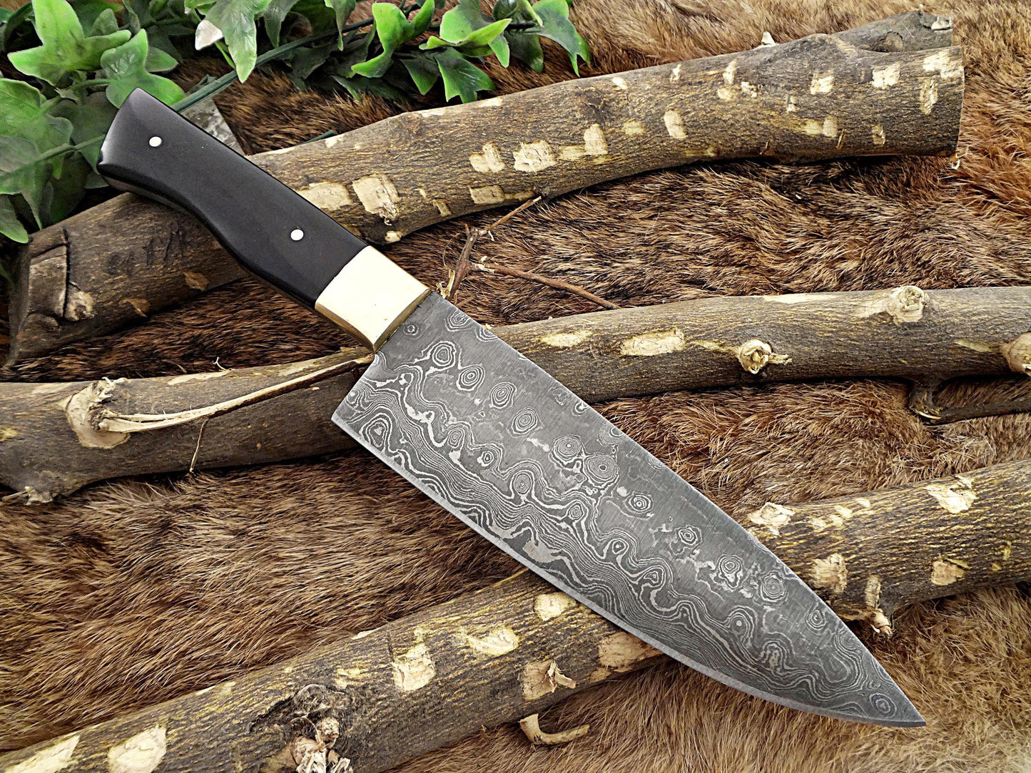 Damascus Steel 10 Inches kitchen Knife, 5.5" long full tang Hand Forged blade, Bull horn scale with brass bolster, 6 mm thick blade