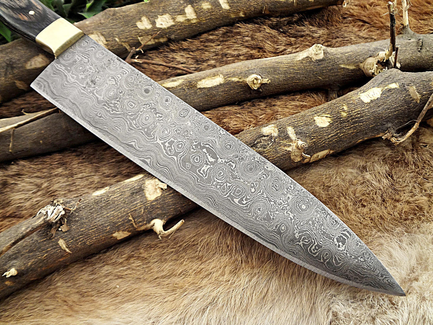 Damascus Steel kitchen Knife 14 Inches full tang 9" long Hand Forged blade, 2 Tone Dollar wood and brass bolster scale