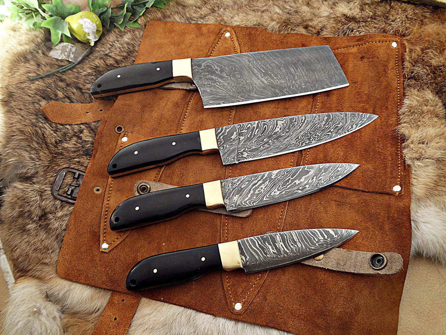 4 pieces chef knives set, Slicer, fillet, cleaver overall 37 inches full tang hand forged Damascus steel blade, custom made leather sheath