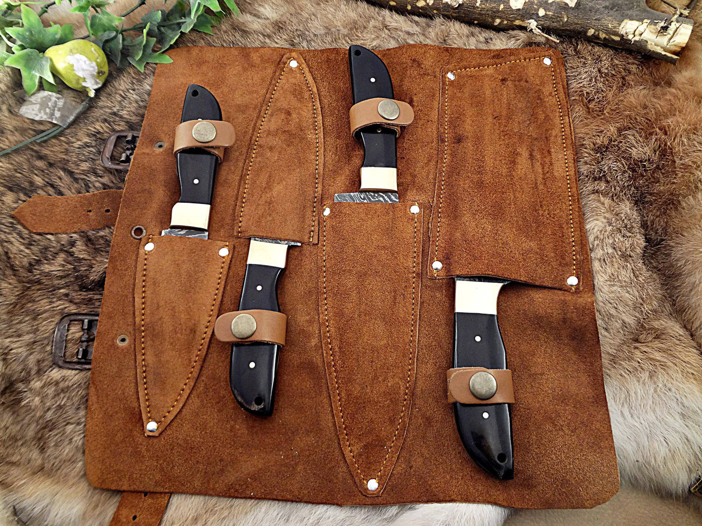 4 pieces chef knives set, Slicer, fillet, cleaver overall 37 inches full tang hand forged Damascus steel blade, custom made leather sheath
