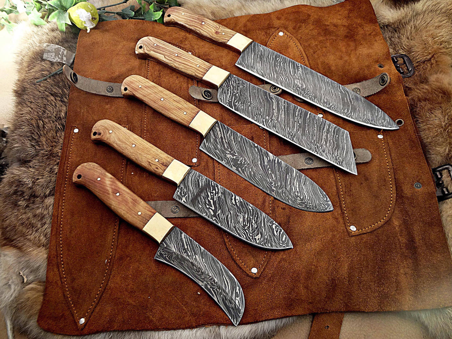 5 pieces chef knives set, overall 54 inches full tang hand forged Damascus steel blade, custom made leather sheath