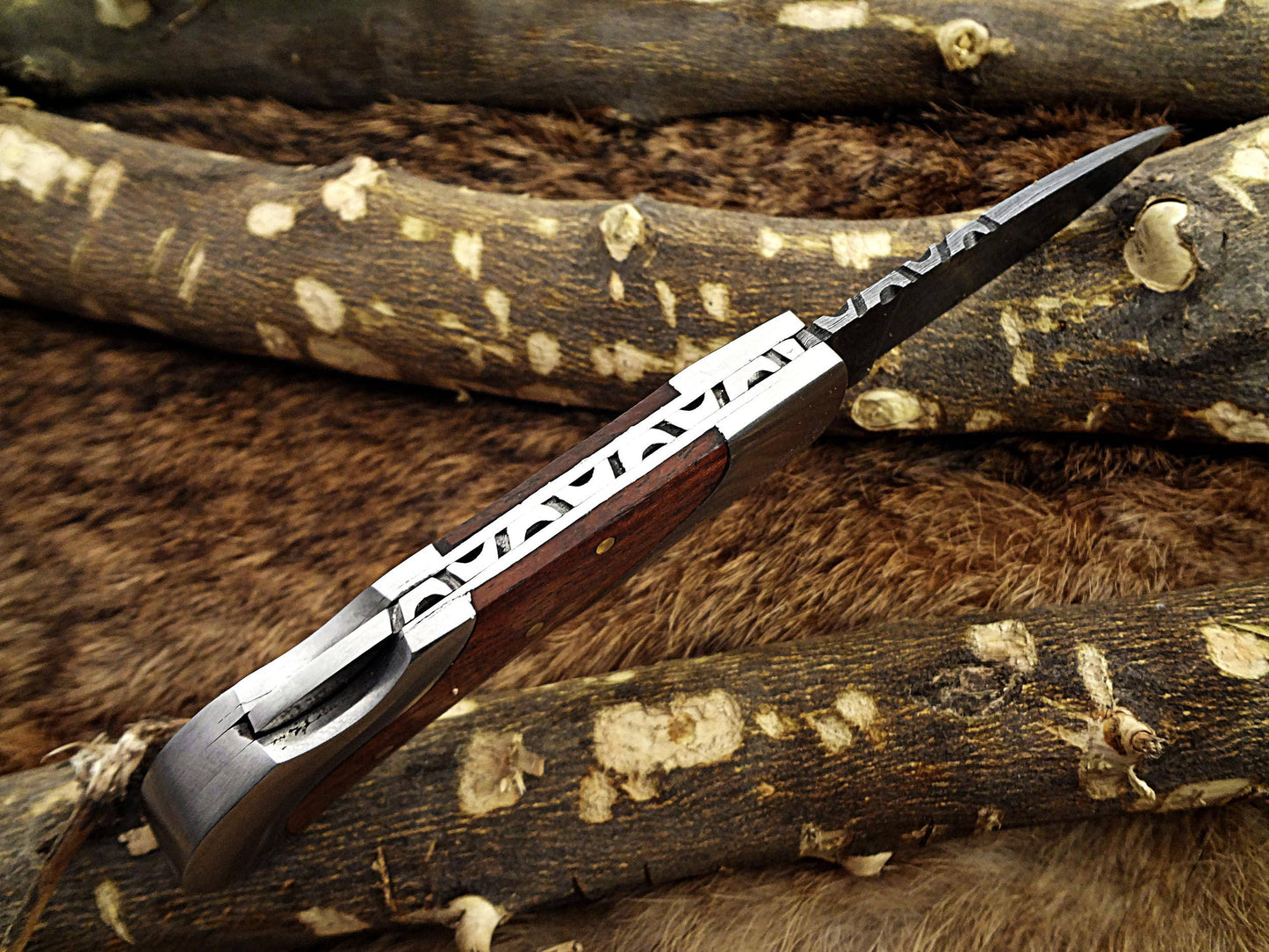 Damascus steel 6.5 " long Folding Knife, Various scales available with steel bolster, 3" Hand Forged blade,  Cow hide leather sheath included