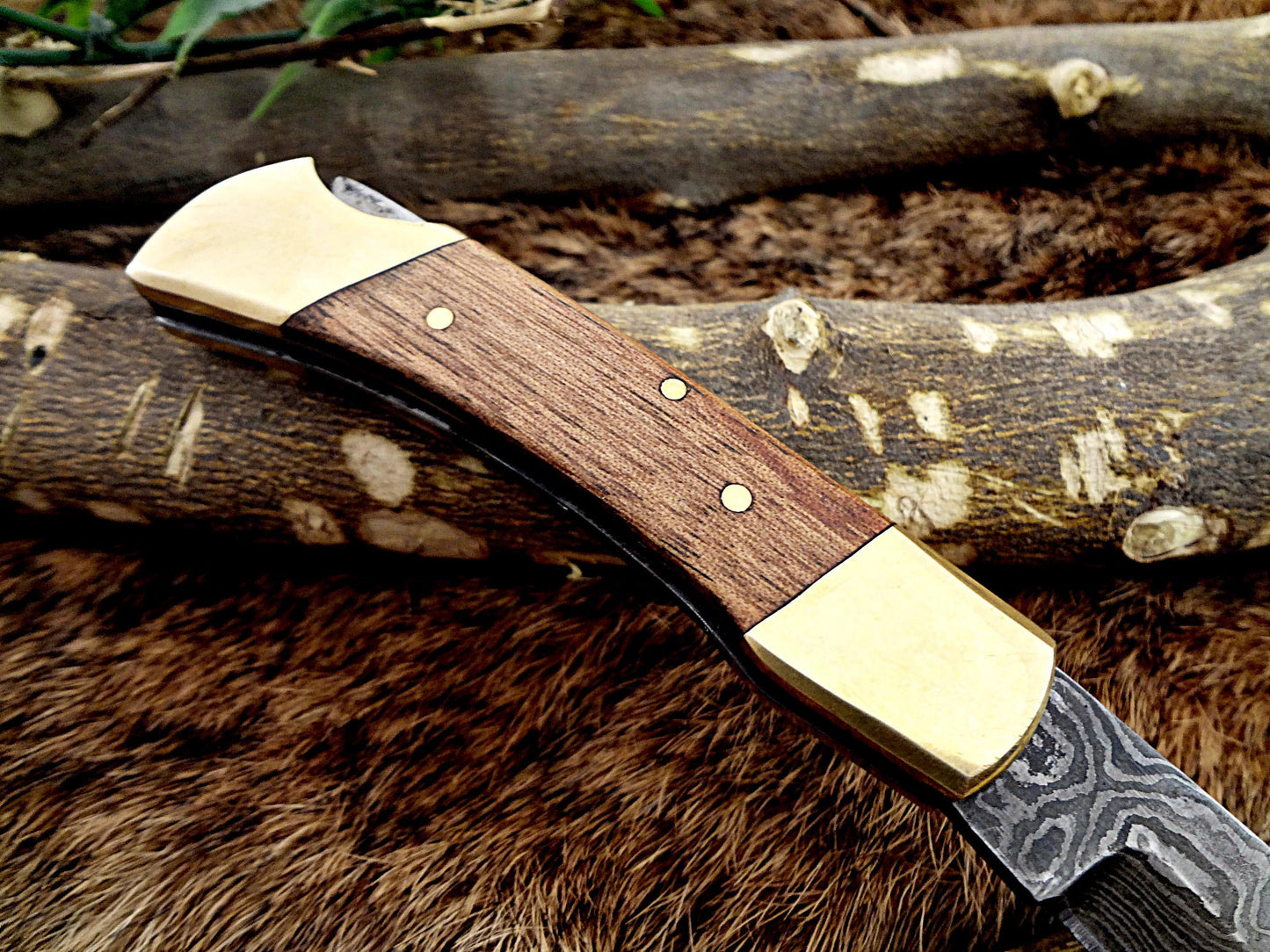 7.5" back liver lock Folding Knife, Hand forged Damascus steel blade, Available in wood, Bone and Horn scales bolster, Comes with cow hide leather sheath