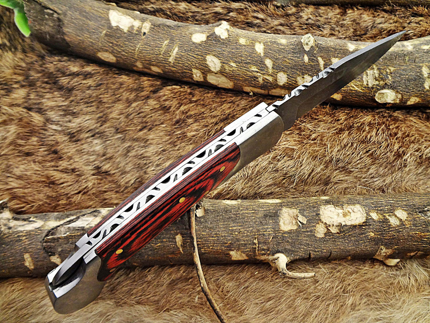 8" long Damascus steel Folding Knife, Walnut wood with Steel bolster scale, custom made 3.5" Hand Forged blade cow hide leather sheath
