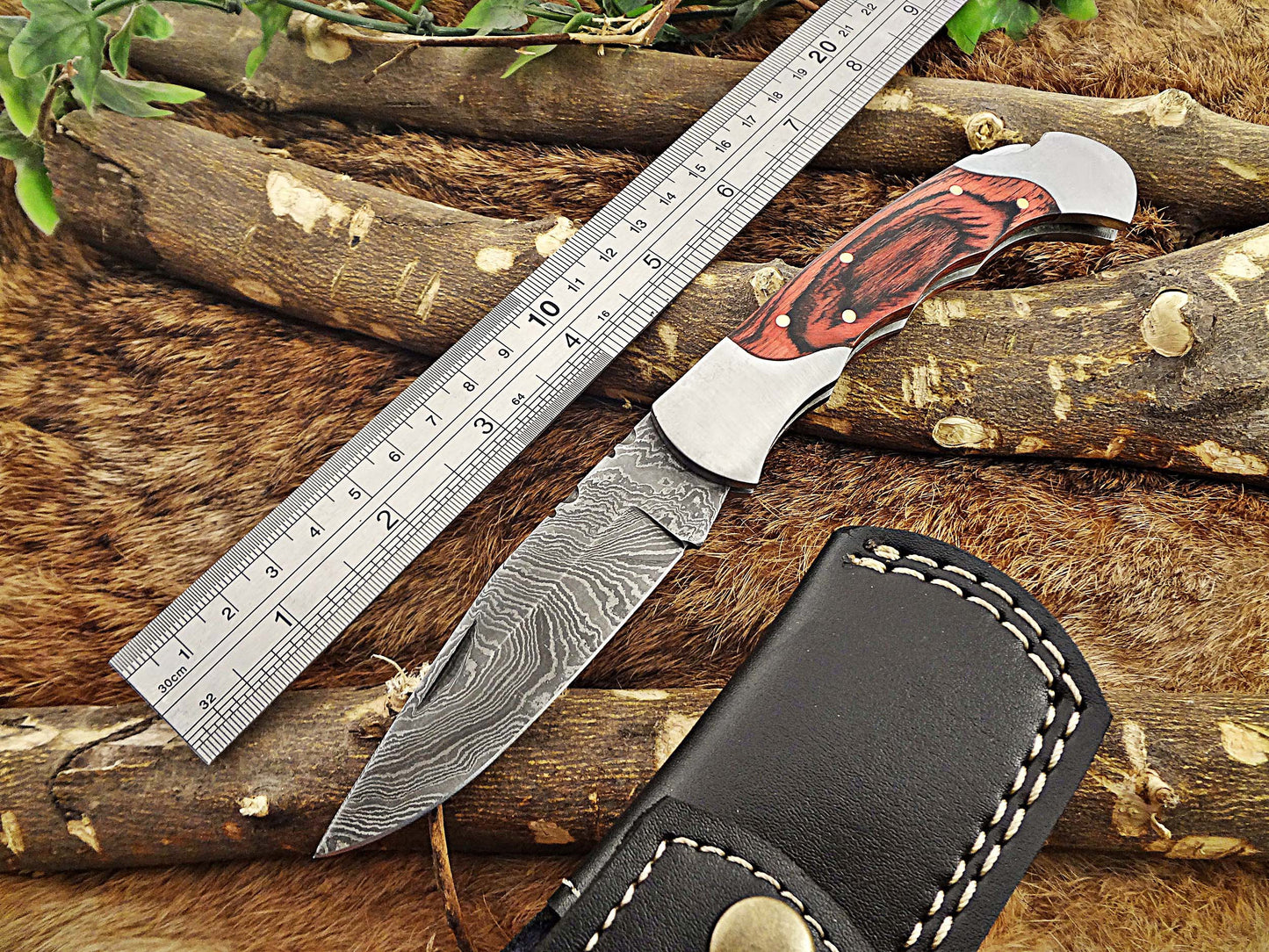 8" long Damascus steel Folding Knife, Walnut wood with Steel bolster scale, custom made 3.5" Hand Forged blade cow hide leather sheath