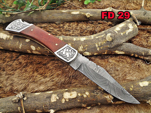Micarta wood Scale with Engraved steel bolster Damascus steel 9" long Folding Knife custom made 4" Hand Forged blade cow hide leather sheath