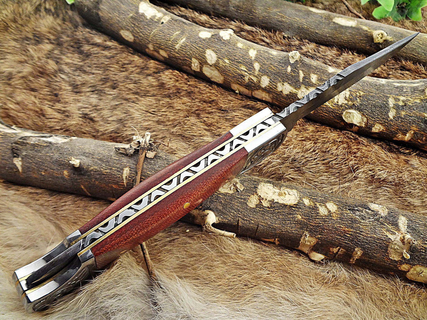 Micarta wood Scale with Engraved steel bolster Damascus steel 9" long Folding Knife custom made 4" Hand Forged blade cow hide leather sheath